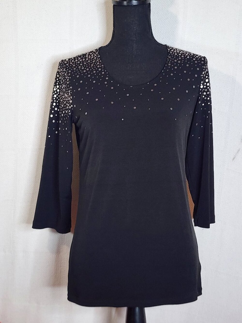 Susan Graver Black Liquid Knit Scoop Neck Foil Metallic Dots 3/4 Sleeve Top XXS